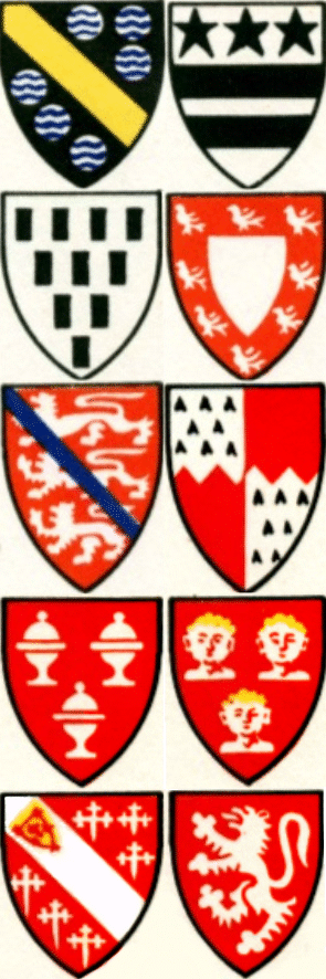 arms of (from the left, reading downwards) Stourton, LeMoyne, Belvale, Chideock, Fitz Payn, Fitz Warin, Argentine, Fauntleroy, Howard and Mowbray