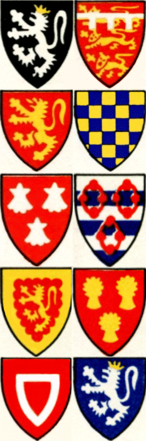 arms of (from the left, reading downwards) Segrave, Plantaganet of Norfolk, Fitzalan, Warenne, Dacre, Greystoke, Talbot, Cummin, Baliol and Galloway